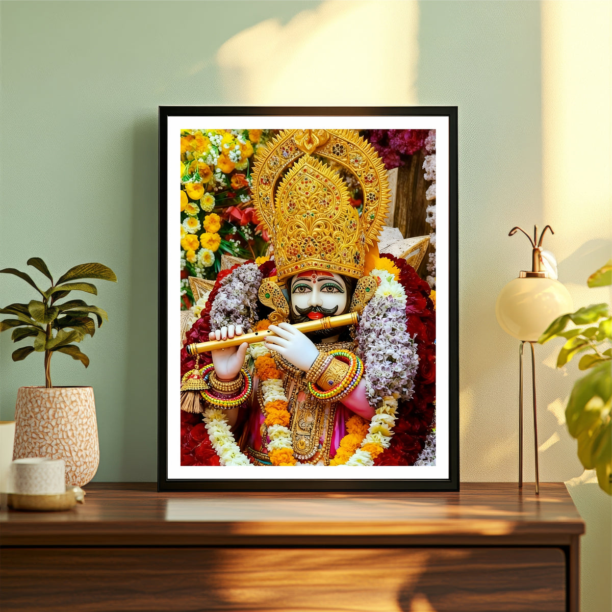 Khatu Shyam Ji Wall Art | Shri Shyam Baba Playing Flute | HD Devotional Print | Hindu Spiritual Framed Wall Decor