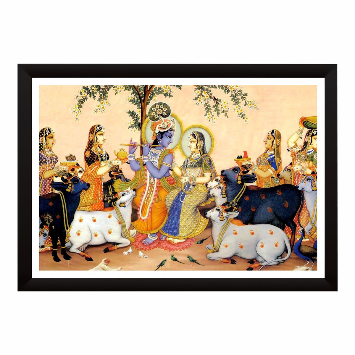 Radha Krishna Pichwai Wall Art | Traditional Vrindavan Cow Pasture Painting | HD Hindu Devotional Framed Wall Decor