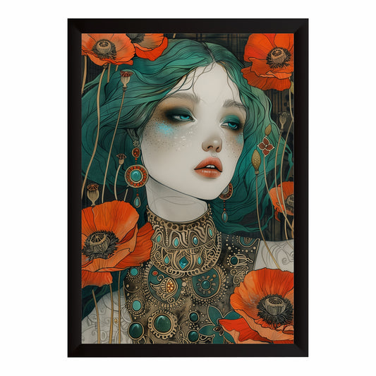 Art Nouveau Woman & Poppy Flowers Wall Art | Vintage Botanical Portrait