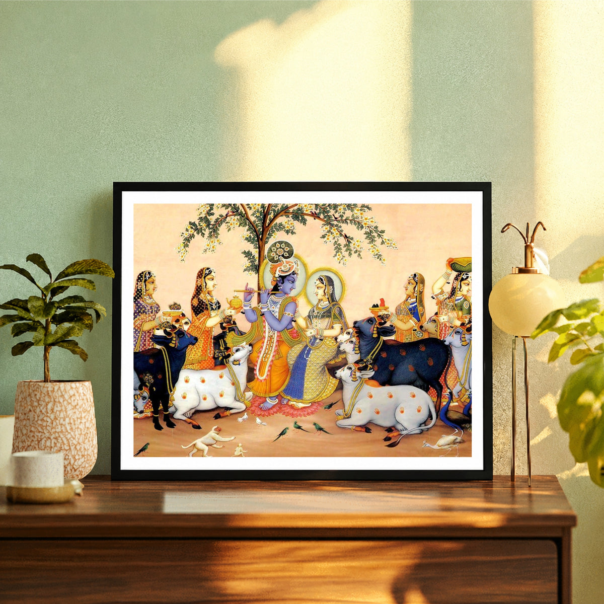 Radha Krishna Pichwai Wall Art | Traditional Vrindavan Cow Pasture Painting | HD Hindu Devotional Framed Wall Decor