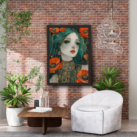 Art Nouveau Woman & Poppy Flowers Wall Art | Vintage Botanical Portrait