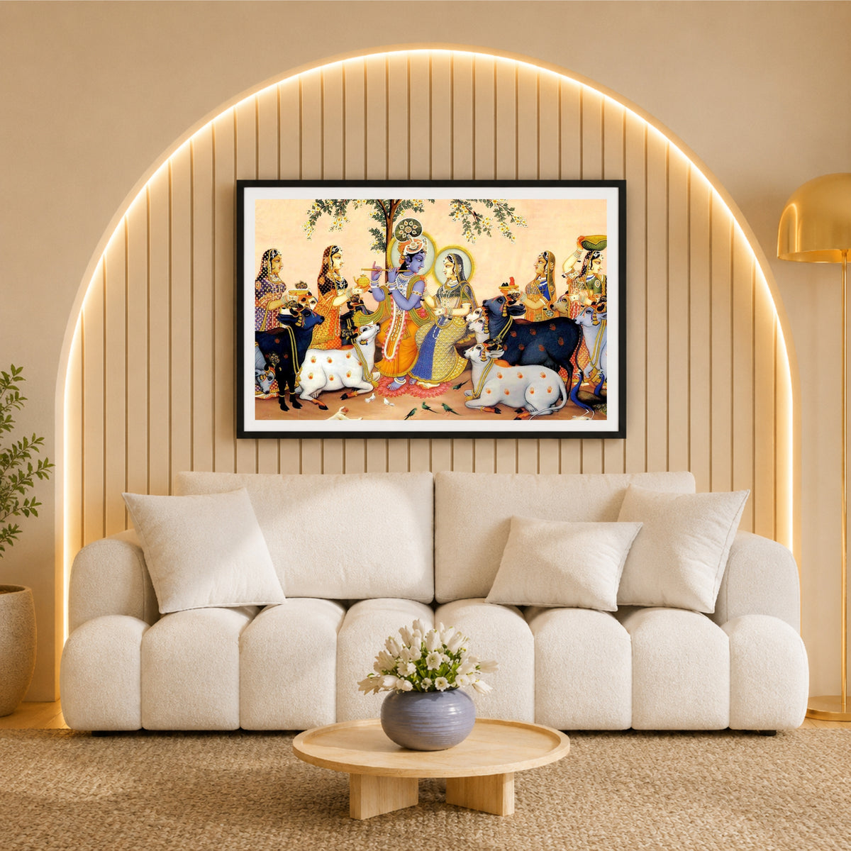 Radha Krishna Pichwai Wall Art | Traditional Vrindavan Cow Pasture Painting | HD Hindu Devotional Framed Wall Decor