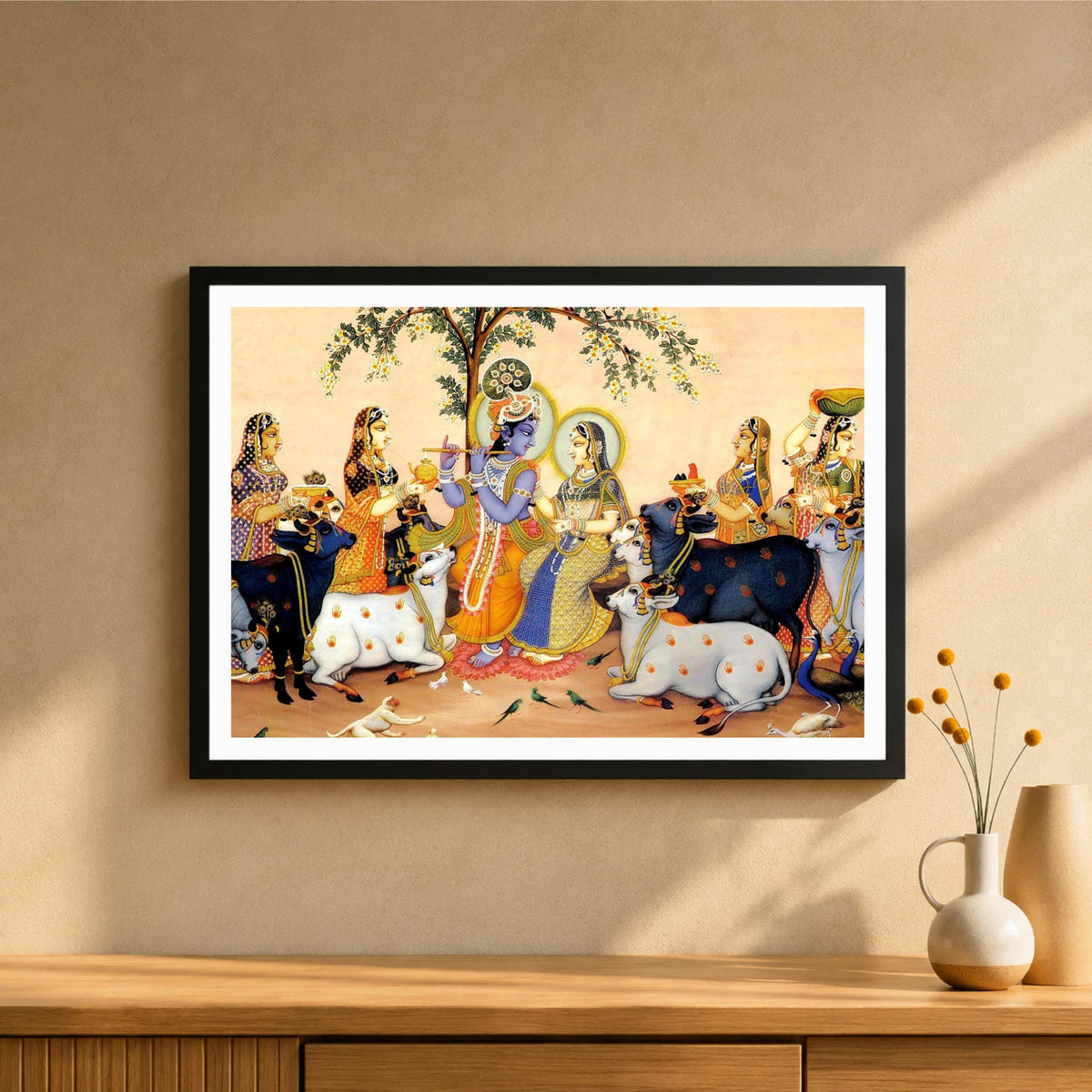Radha Krishna Pichwai Wall Art | Traditional Vrindavan Cow Pasture Painting | HD Hindu Devotional Framed Wall Decor