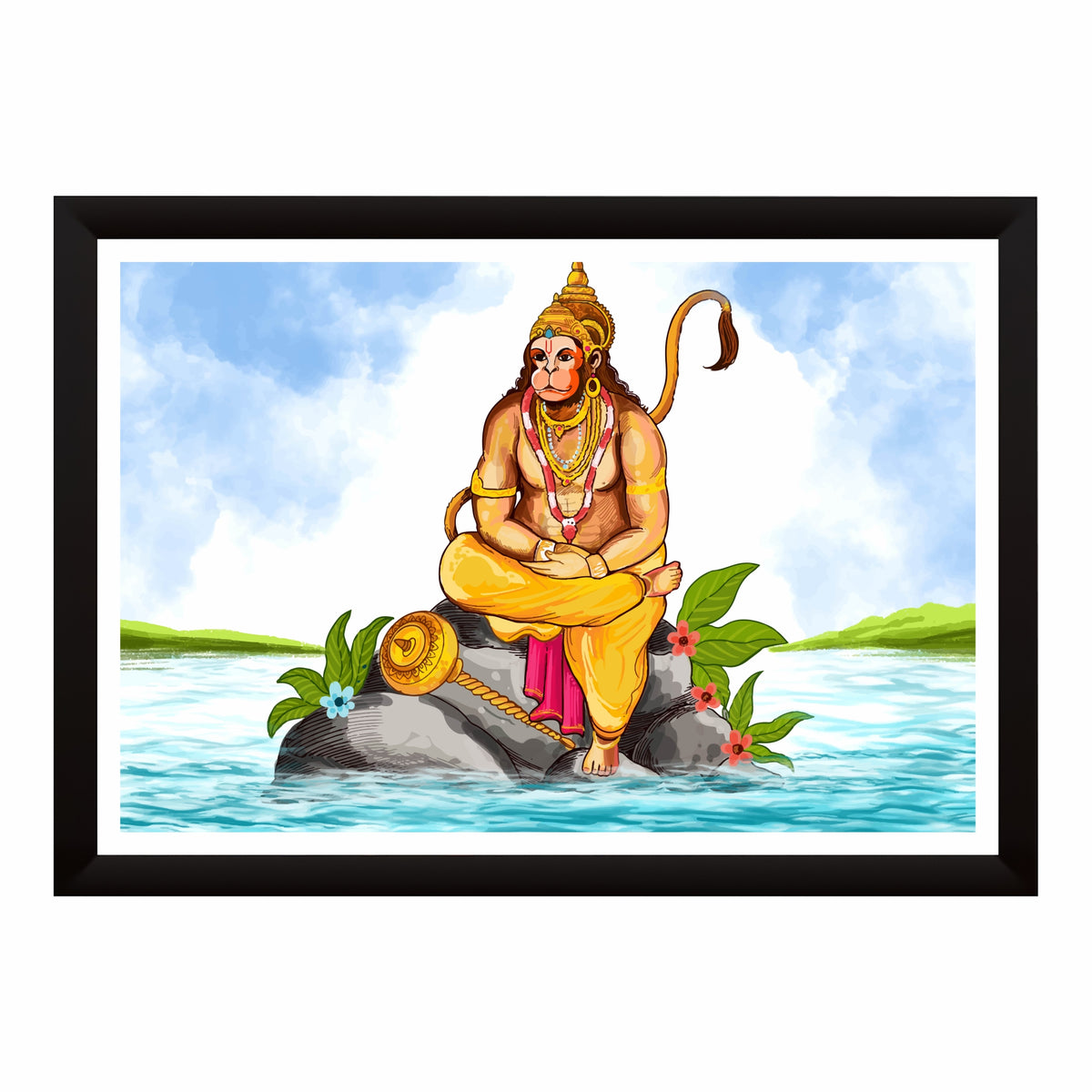 Panchmukhi Hanuman Ji Wall Art | Meditating Lord Hanuman on Rock | HD Hindu Devotional Print | Premium Framed Spiritual Wall Decor