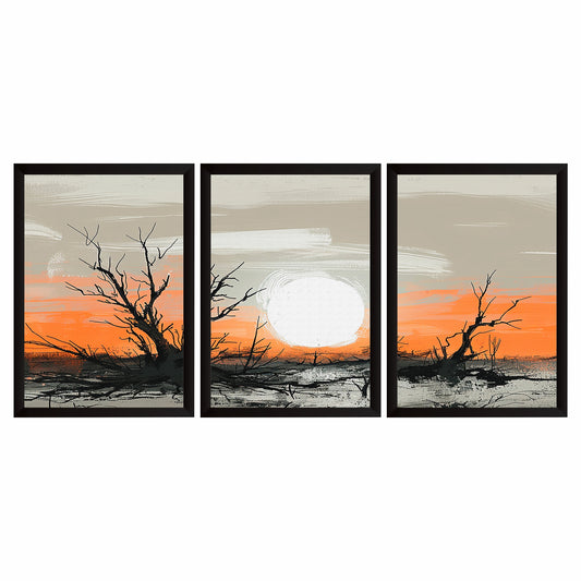 Abstract Sunset Tree Wall Art Set of 3 – Modern Orange Landscape, Bare Tree Silhouette & Minimalist Framed Prints