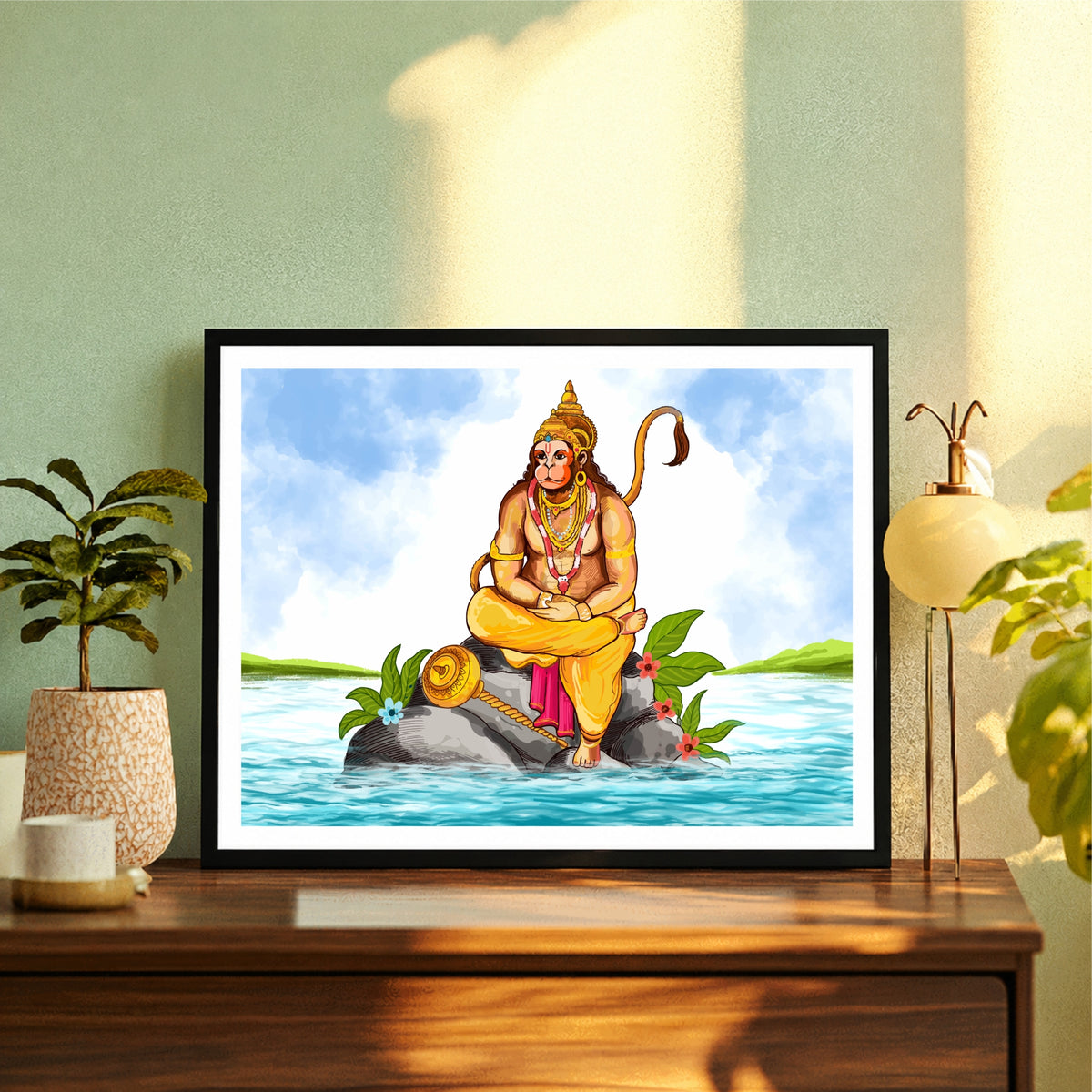 Panchmukhi Hanuman Ji Wall Art | Meditating Lord Hanuman on Rock | HD Hindu Devotional Print | Premium Framed Spiritual Wall Decor