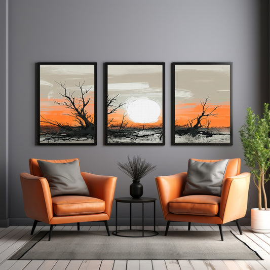 Abstract Sunset Tree Wall Art Set of 3 – Modern Orange Landscape, Bare Tree Silhouette & Minimalist Framed Prints