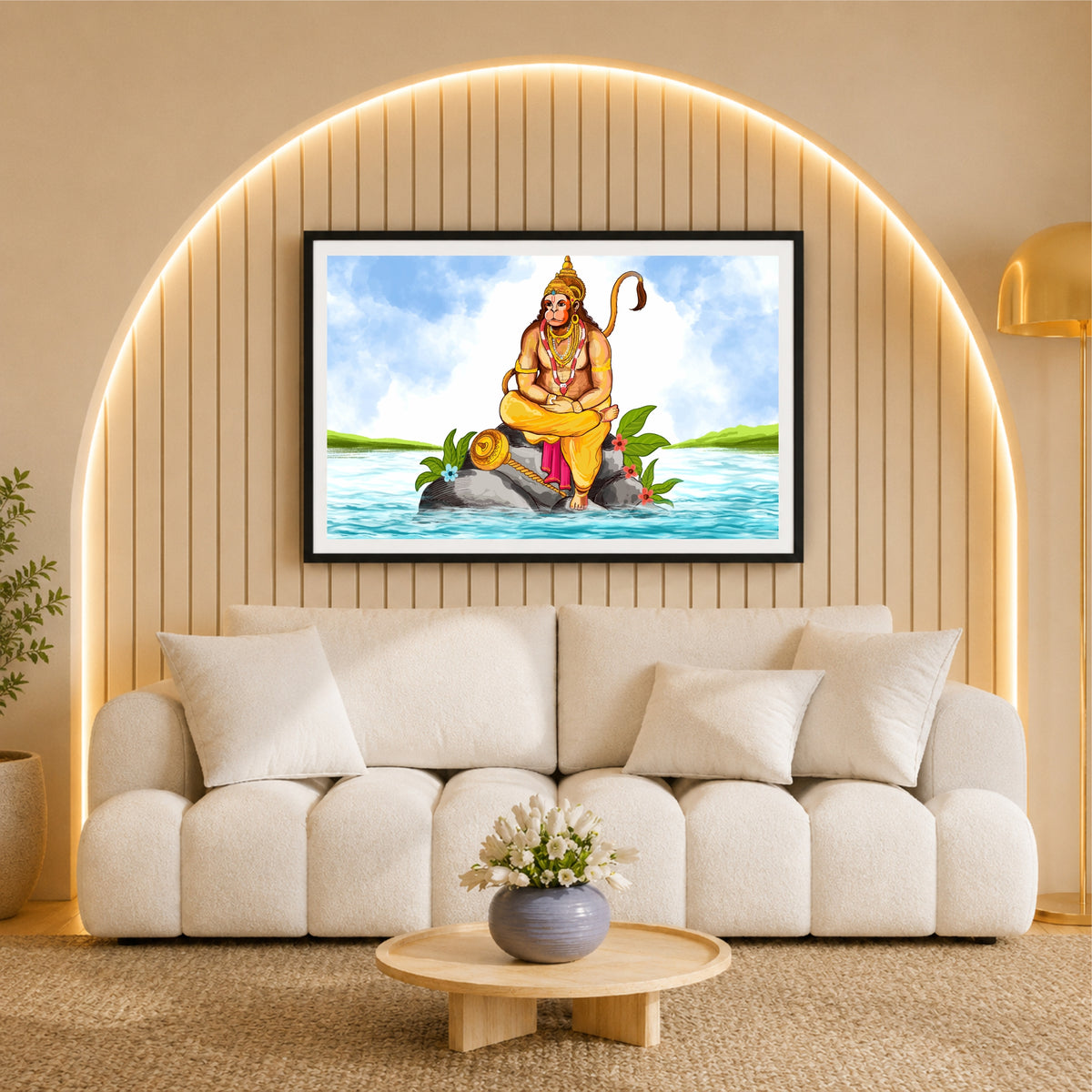 Panchmukhi Hanuman Ji Wall Art | Meditating Lord Hanuman on Rock | HD Hindu Devotional Print | Premium Framed Spiritual Wall Decor
