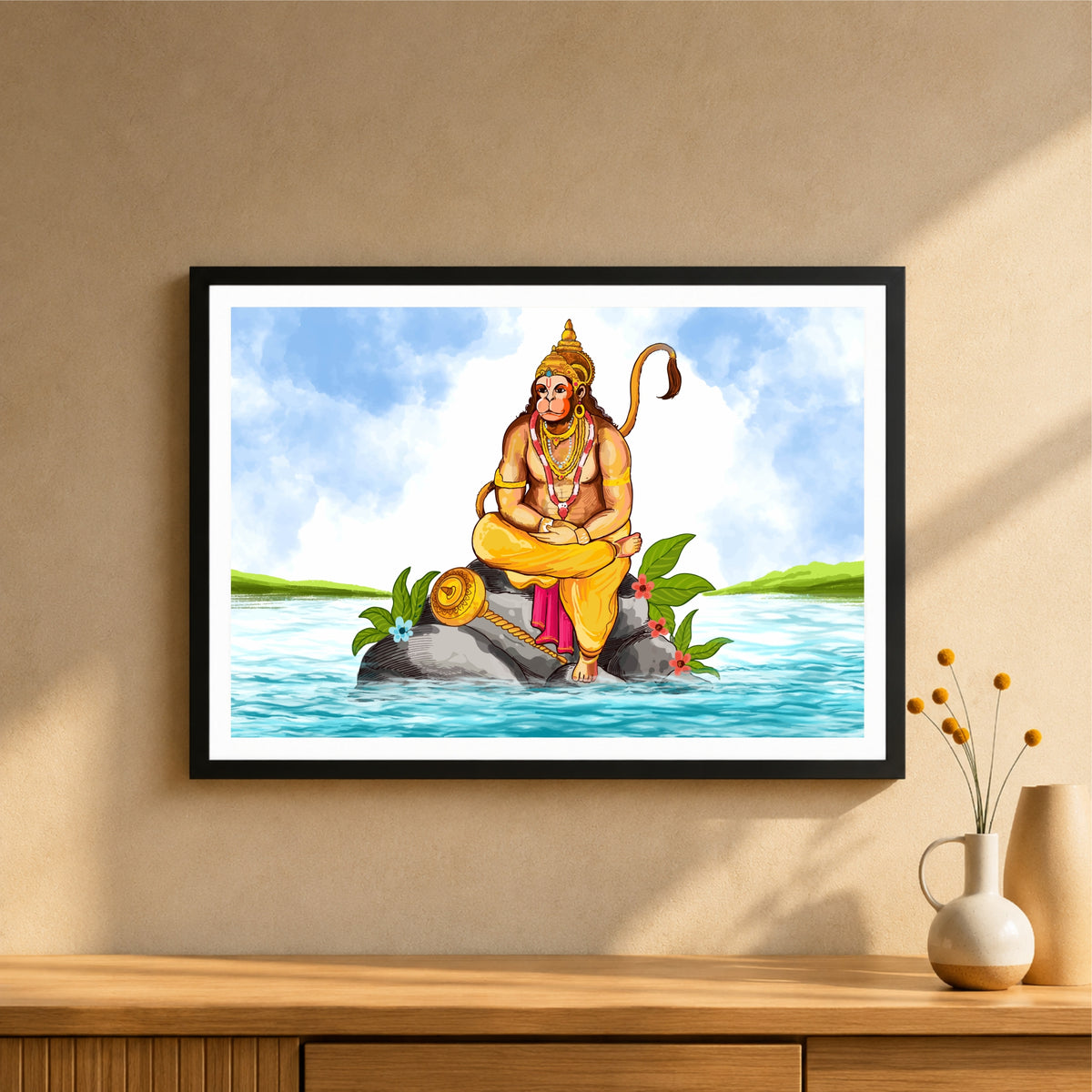 Panchmukhi Hanuman Ji Wall Art | Meditating Lord Hanuman on Rock | HD Hindu Devotional Print | Premium Framed Spiritual Wall Decor