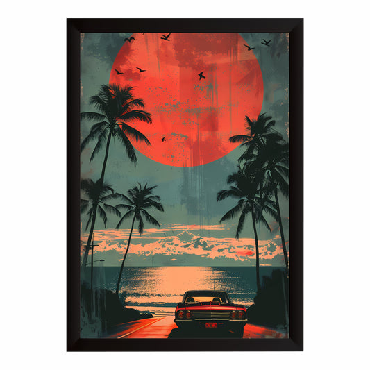 Retro Hawaii Sunset Car Wall Art | Tropical Beach Road Poster
