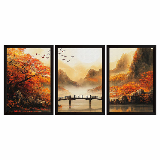Autumn Mountain Landscape Wall Art Set of 3 – Japanese Style Nature Scenery, Orange Trees & Lake Bridge Framed Prints