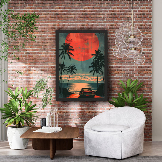 Retro Hawaii Sunset Car Wall Art | Tropical Beach Road Poster