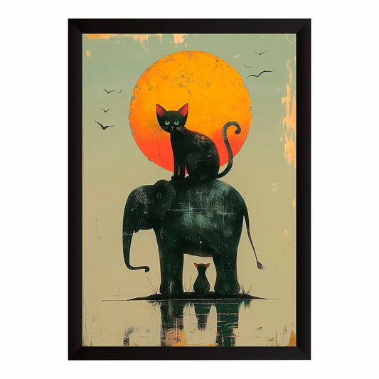 Black Cat & Elephant Silhouette Wall Art | Retro Sunset Animal Artwork