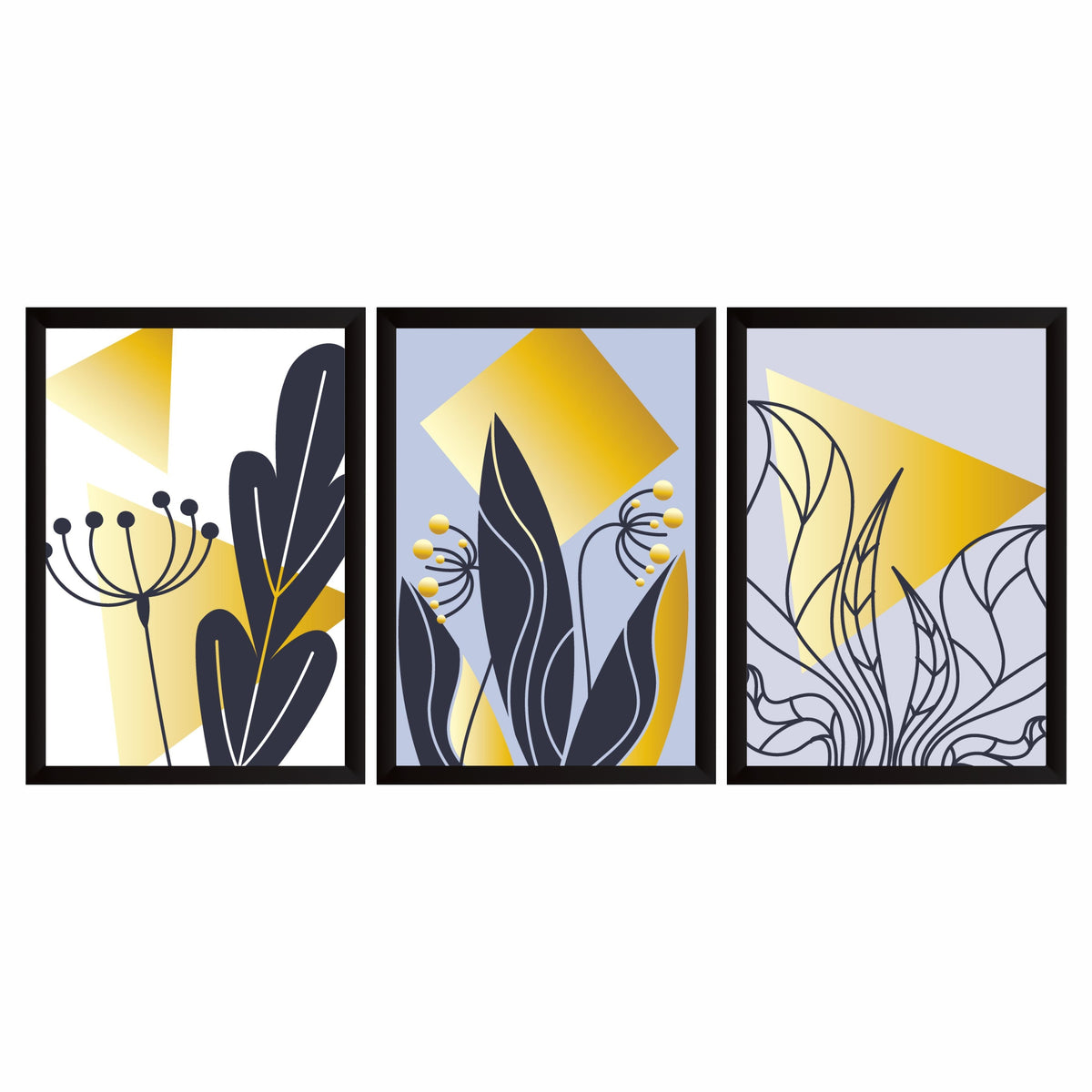 Abstract Botanical Wall Art Set of 3 – Modern Geometric Leaf & Plant Prints with Gold Accents, Framed Décor