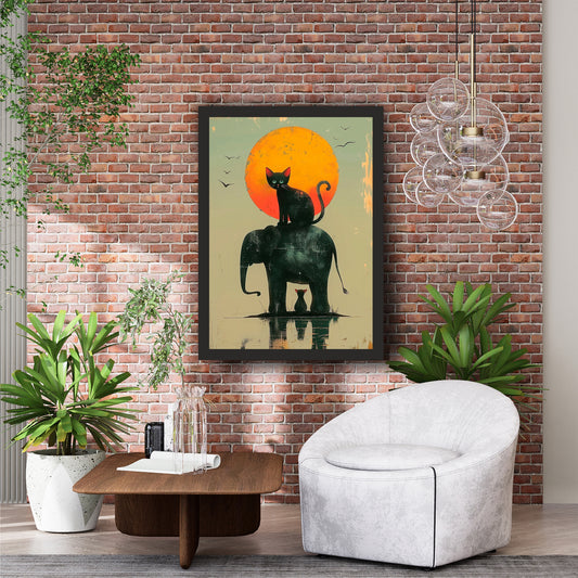 Black Cat & Elephant Silhouette Wall Art | Retro Sunset Animal Artwork