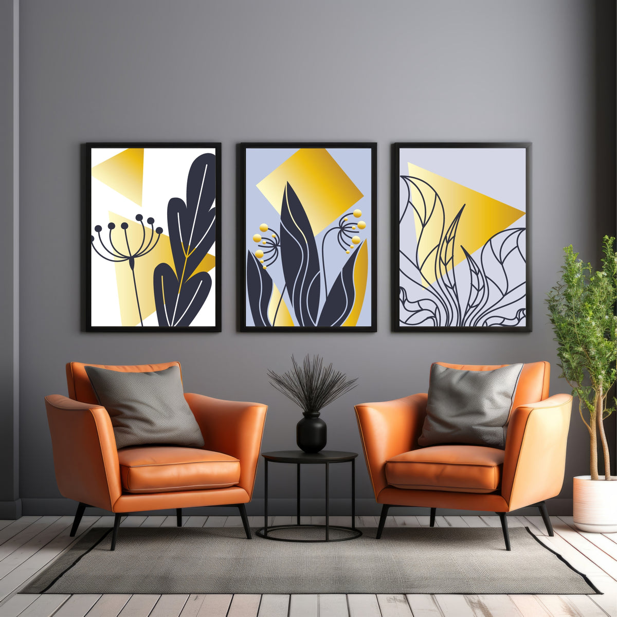 Abstract Botanical Wall Art Set of 3 – Modern Geometric Leaf & Plant Prints with Gold Accents, Framed Décor