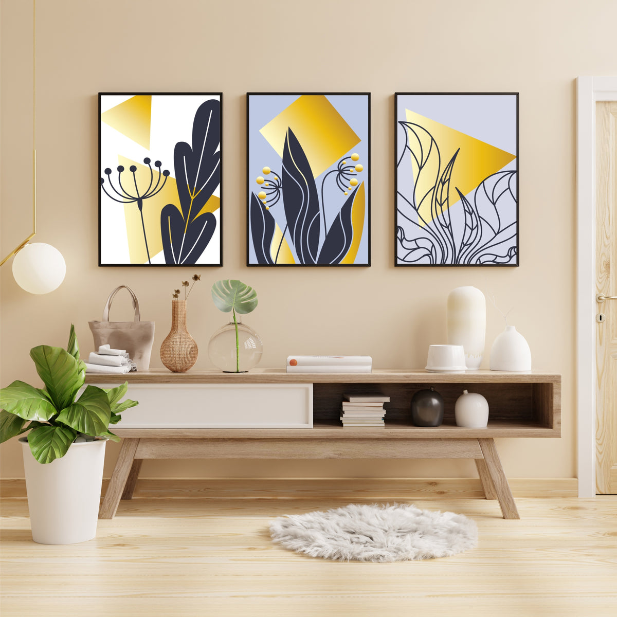 Abstract Botanical Wall Art Set of 3 – Modern Geometric Leaf & Plant Prints with Gold Accents, Framed Décor