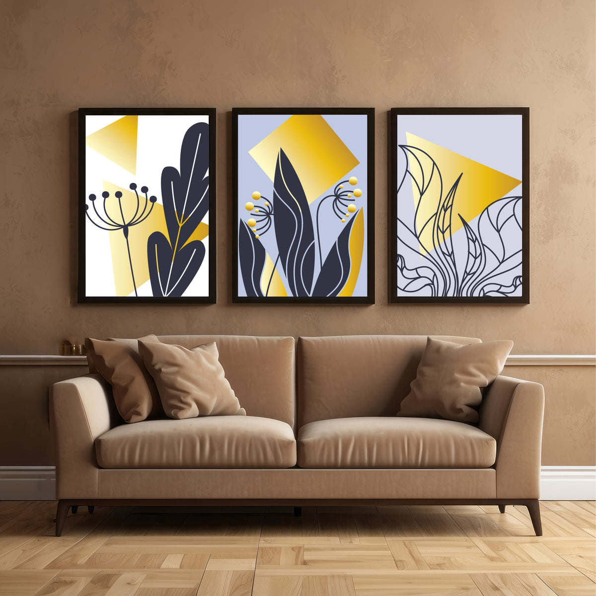 Abstract Botanical Wall Art Set of 3 – Modern Geometric Leaf & Plant Prints with Gold Accents, Framed Décor
