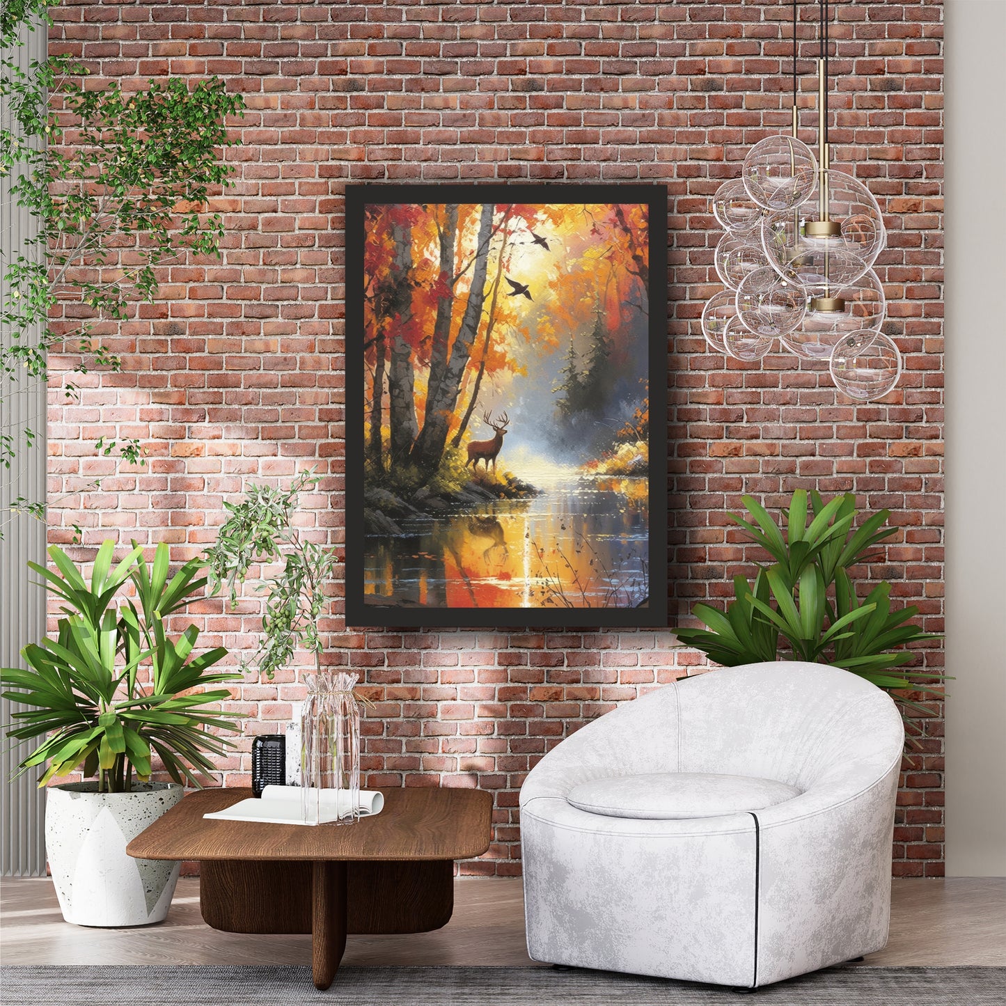 Autumn Forest Deer Wall Art | Scenic Nature River