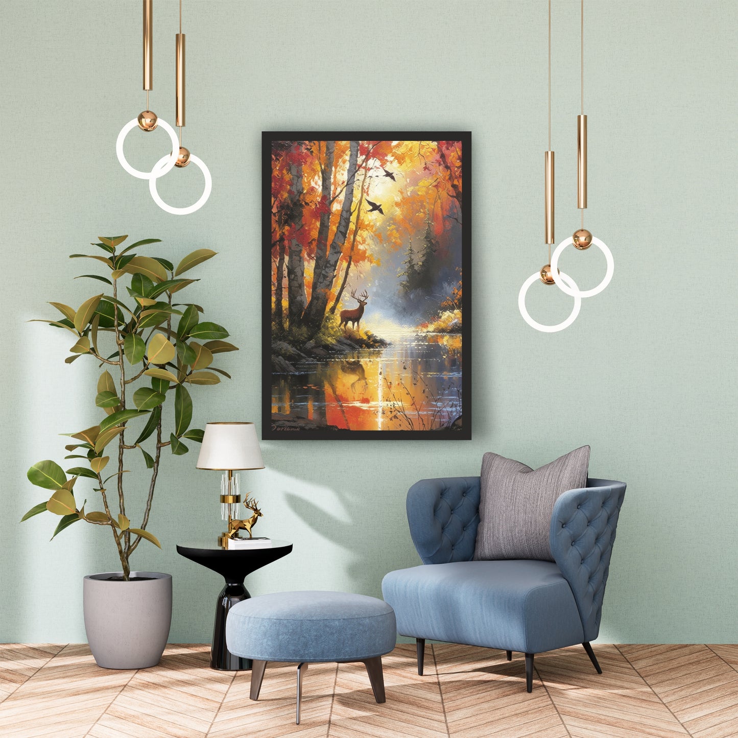 Autumn Forest Deer Wall Art | Scenic Nature River