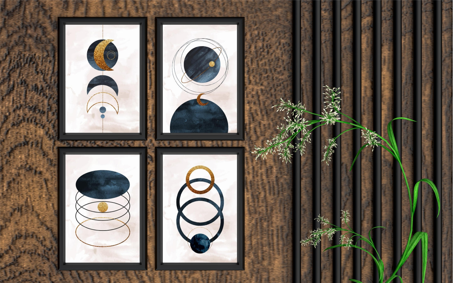 Celestial Geometry Wall Frame Set – Abstract Cosmic Design in Navy & Gold 🌙✨