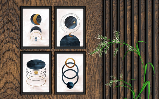 Celestial Geometry Wall Frame Set – Abstract Cosmic Design in Navy & Gold 🌙✨