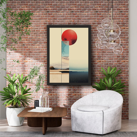 Abstract Red Sun Landscape Wall Art | Minimalist Geometric Nature Artwork