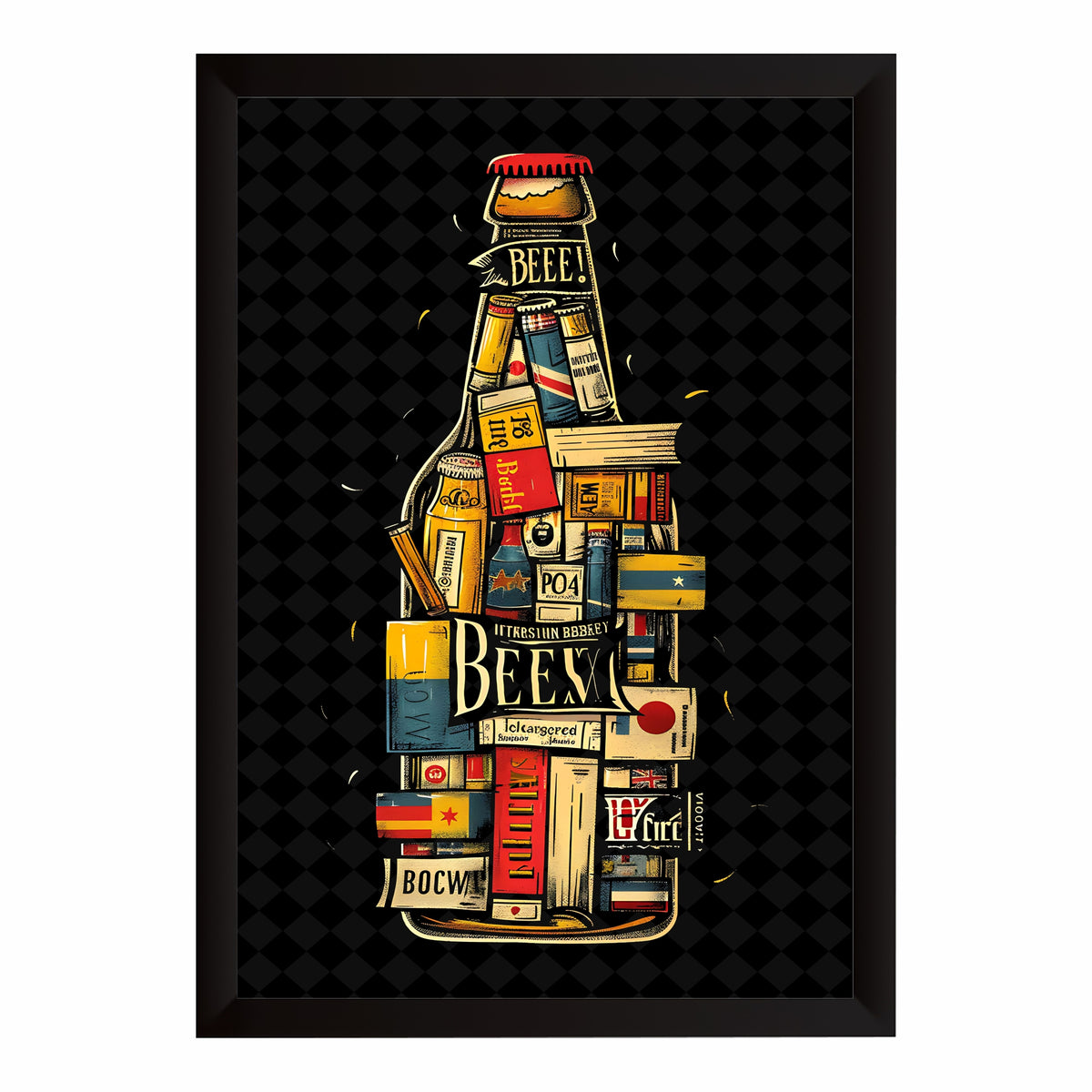Beer Bottle Wall Art | Framed Beer Pub Artwork | Vintage Beer Bottle Décor | Bar & Man Cave Wall Décor