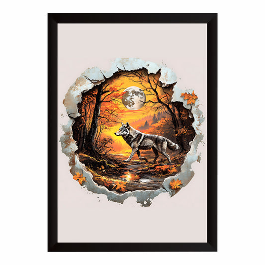 Wolf Wall Art | Autumn Forest Wolf Artwork | Moonlit Wildlife Wall Decor | Framed Nature Art