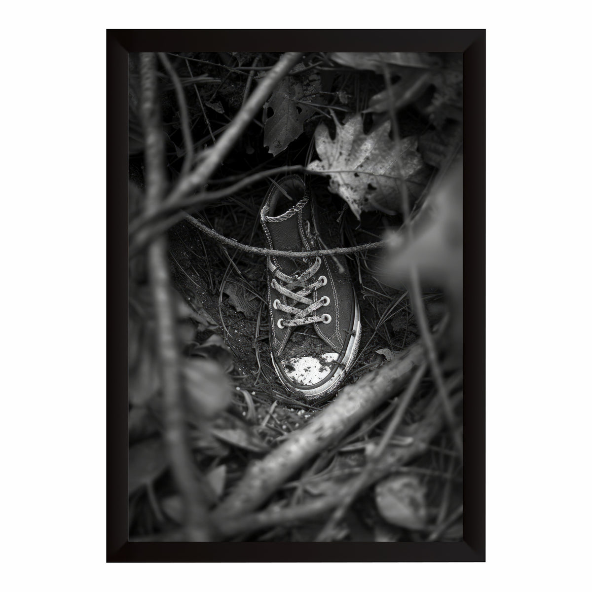 Black & White Shoe Wall Art | Vintage Sneaker in Forest Artwork | Monochrome Footwear Photography | Rustic Nature Wall Decor