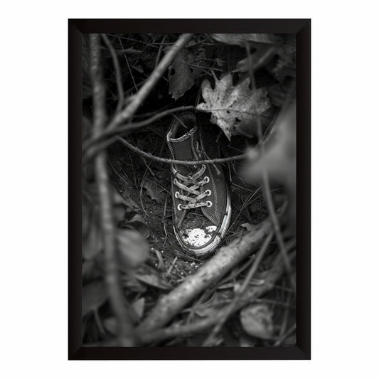 Black & White Shoe Wall Art | Vintage Sneaker in Forest Artwork | Monochrome Footwear Photography | Rustic Nature Wall Decor