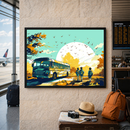 School Bus Adventure Wall Art | Kids Travel Canvas Print | School Journey Illustration Poster