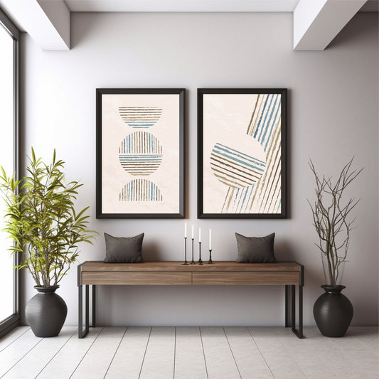 Abstract Striped Wall Art Set | Blue Beige Minimalist Decor