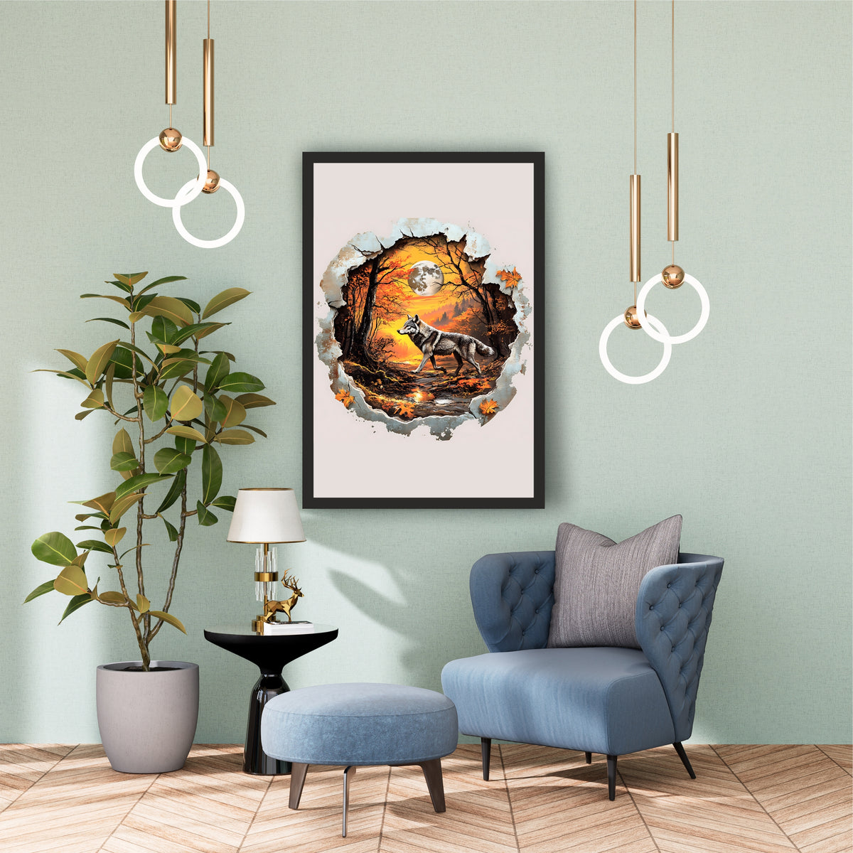 Wolf Wall Art | Autumn Forest Wolf Artwork | Moonlit Wildlife Wall Decor | Framed Nature Art