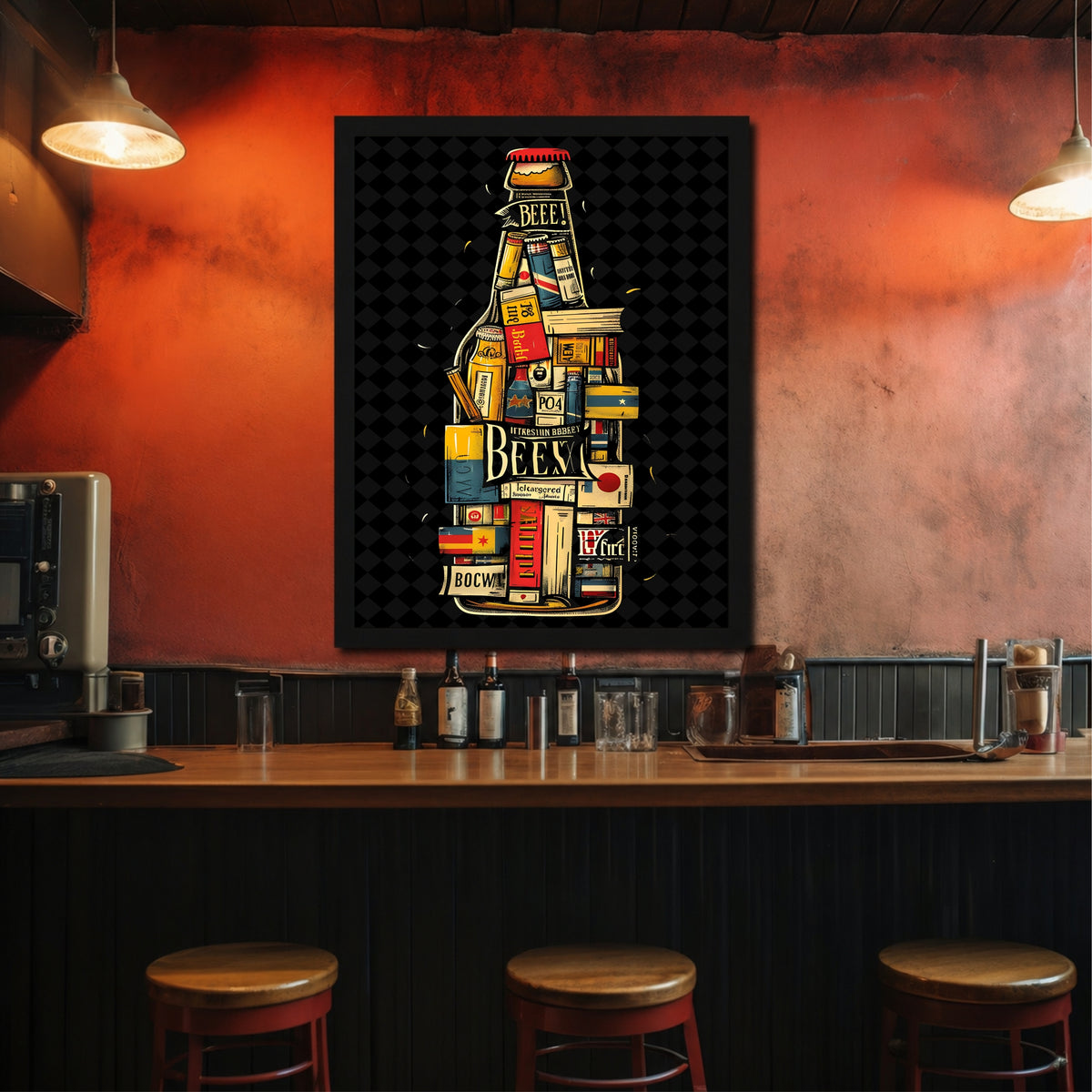 Beer Bottle Wall Art | Framed Beer Pub Artwork | Vintage Beer Bottle Décor | Bar & Man Cave Wall Décor