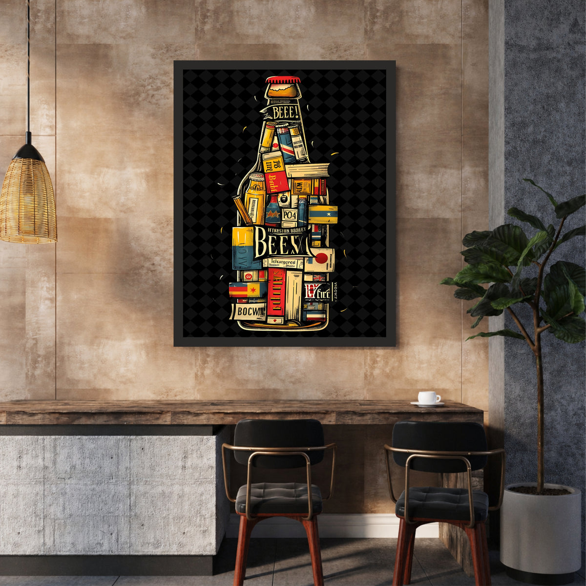 Beer Bottle Wall Art | Framed Beer Pub Artwork | Vintage Beer Bottle Décor | Bar & Man Cave Wall Décor