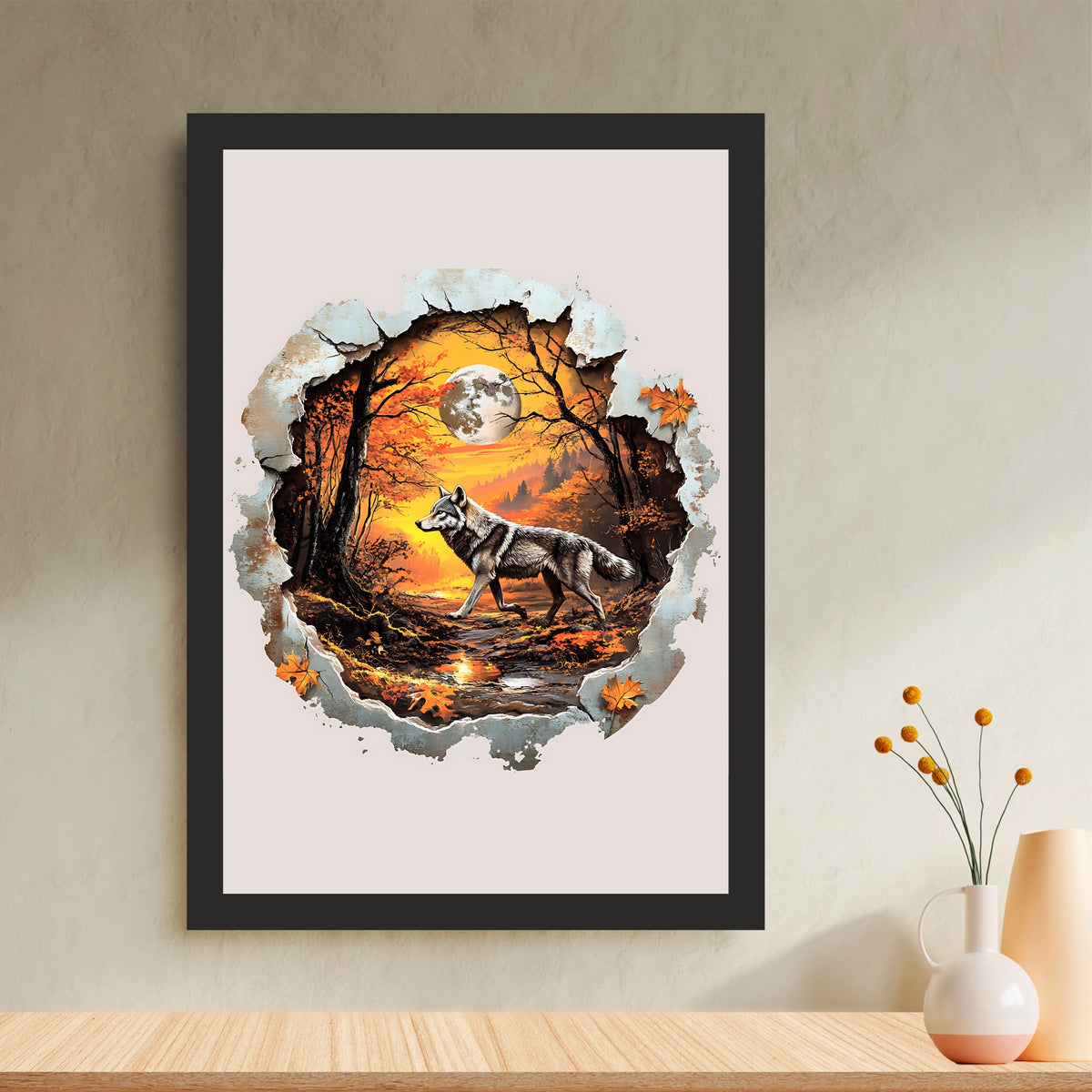 Wolf Wall Art | Autumn Forest Wolf Artwork | Moonlit Wildlife Wall Decor | Framed Nature Art