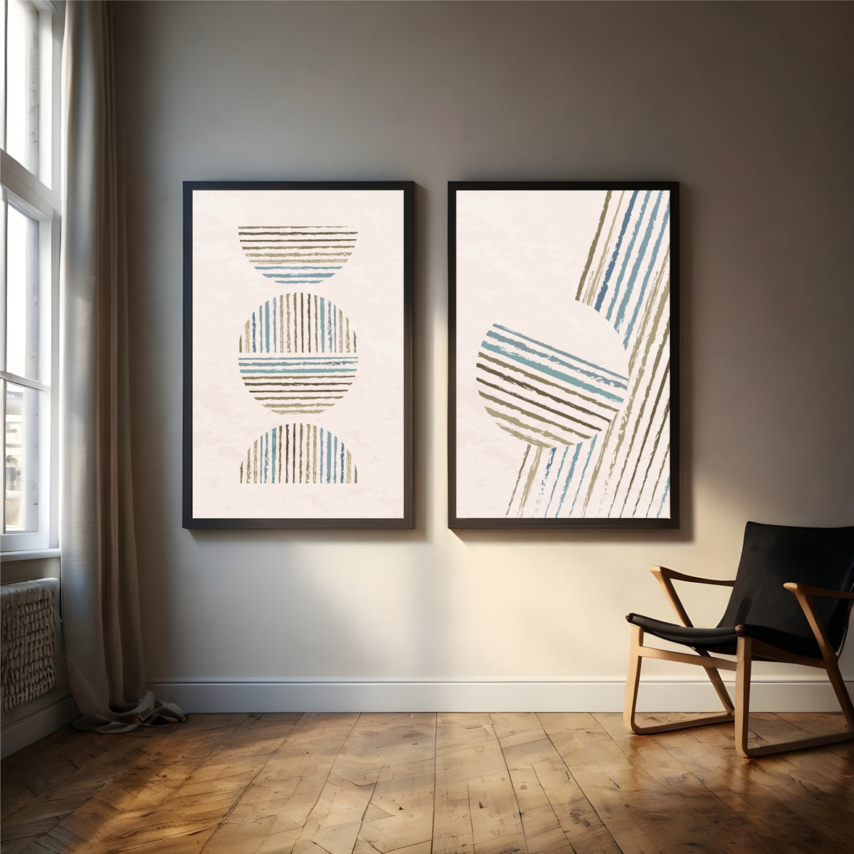 Abstract Striped Wall Art Set | Blue Beige Minimalist Decor