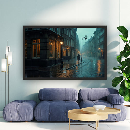 Rainy City Street Wall Art | Moody Urban Landscape Canvas Print | Cinematic Street Photography Decor | Modern Cityscape Wall Art