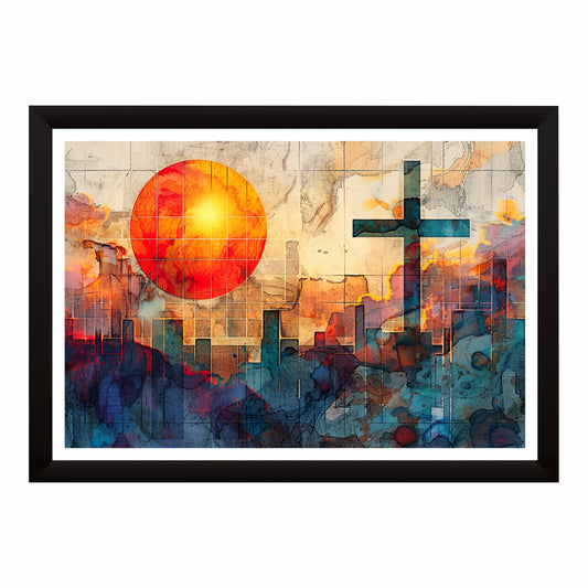 Abstract Christian Cross Wall Art | Modern Faith Canvas Print | Contemporary Cross Sunset Artwork | Christian Home & Office Decor