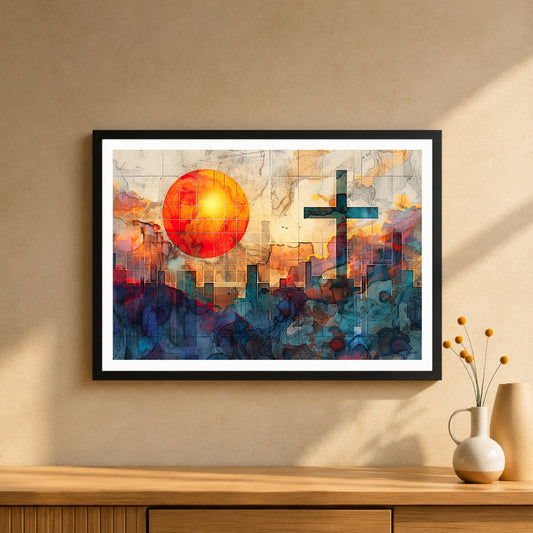 Abstract Christian Cross Wall Art | Modern Faith Canvas Print | Contemporary Cross Sunset Artwork | Christian Home & Office Decor