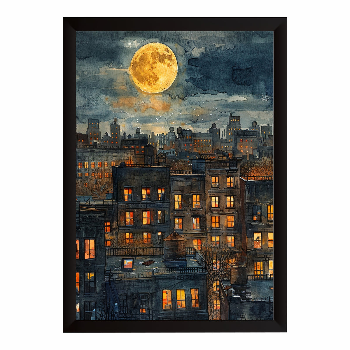 Moonlit City Night Wall Art | Watercolor Urban Skyline Poster