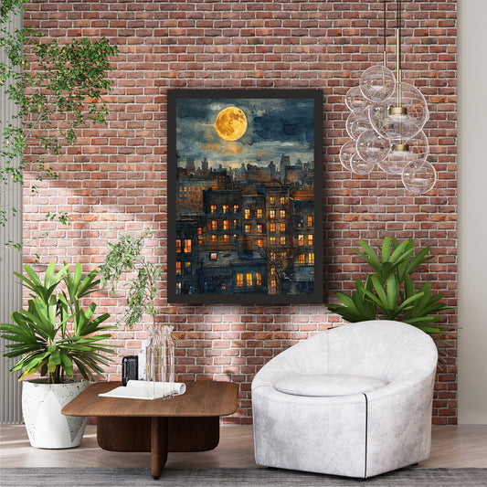 Moonlit City Night Wall Art | Watercolor Urban Skyline Poster