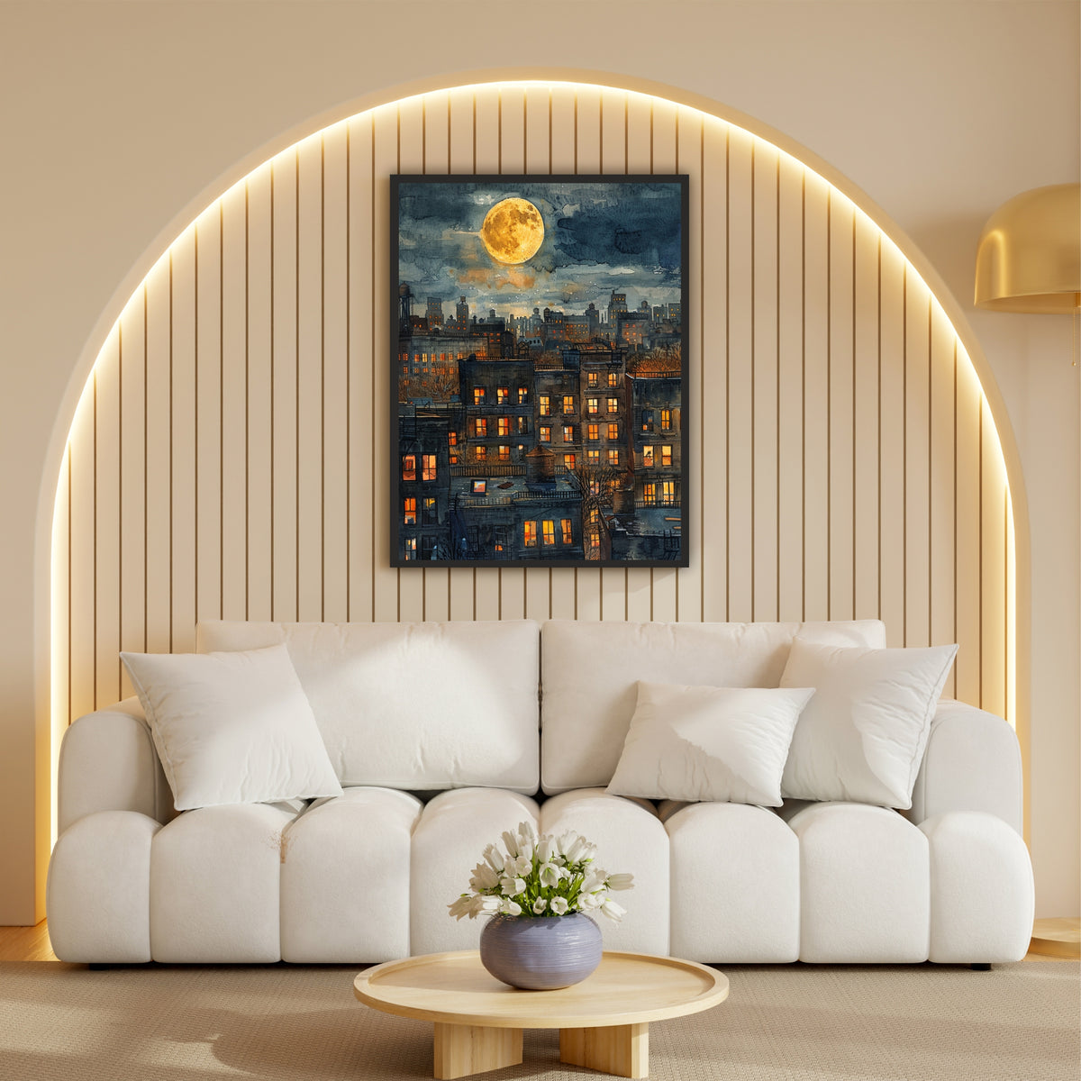 Moonlit City Night Wall Art | Watercolor Urban Skyline Poster