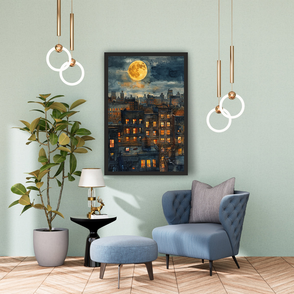 Moonlit City Night Wall Art | Watercolor Urban Skyline Poster