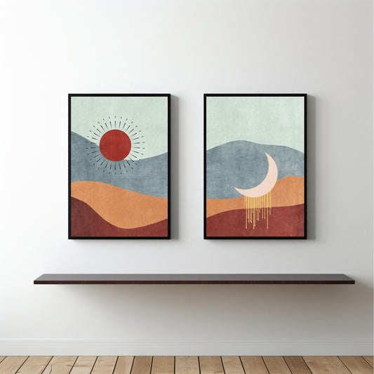 Celestial Desert Wall Frame Set – Abstract Sun & Moon Boho Art 🌞🌙