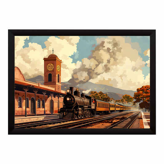 Vintage Steam Train Wall Art | Railway Station Canvas Print | Classic Locomotive Travel Illustration Poster