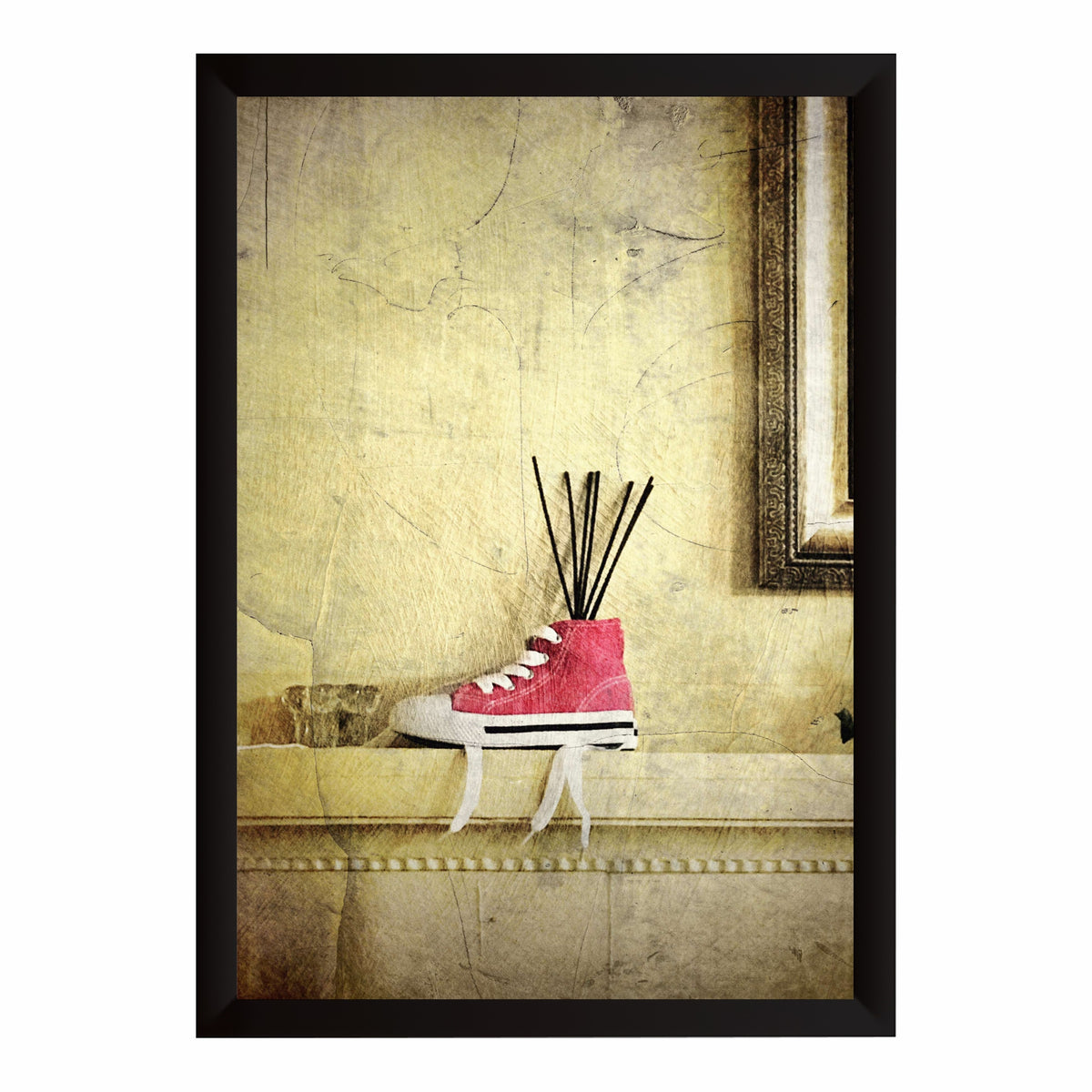 Red Sneaker Wall Art | Creative Shoe & Reed Diffuser Artwork | Vintage Footwear Photography | Retro Home Wall Decor