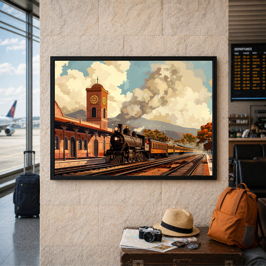 Vintage Steam Train Wall Art | Railway Station Canvas Print | Classic Locomotive Travel Illustration Poster