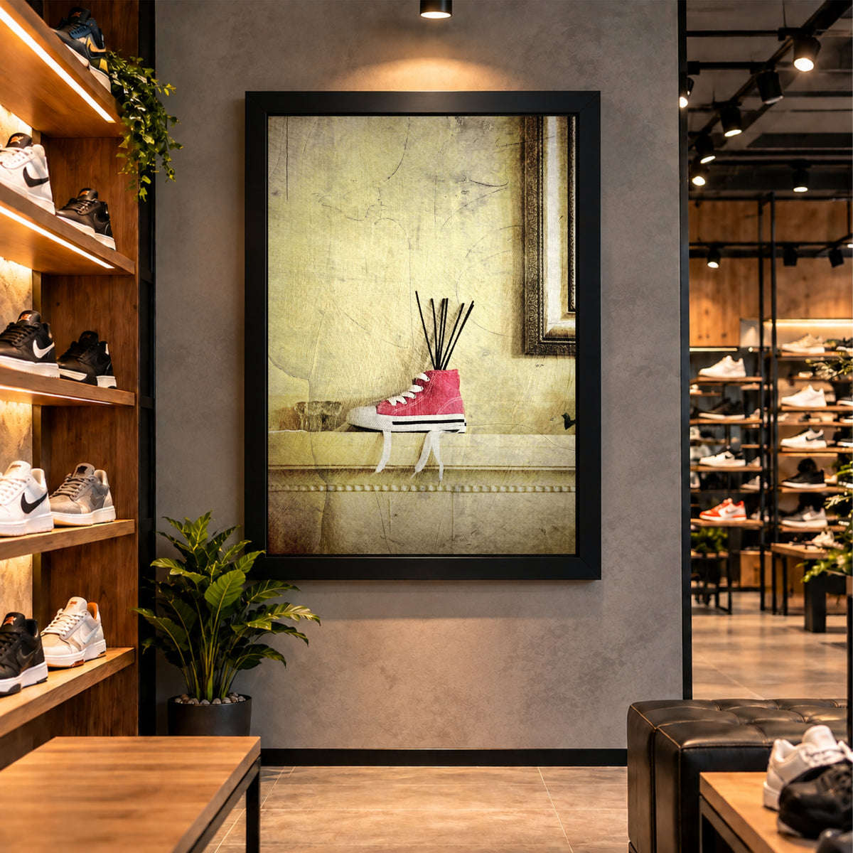Red Sneaker Wall Art | Creative Shoe & Reed Diffuser Artwork | Vintage Footwear Photography | Retro Home Wall Decor